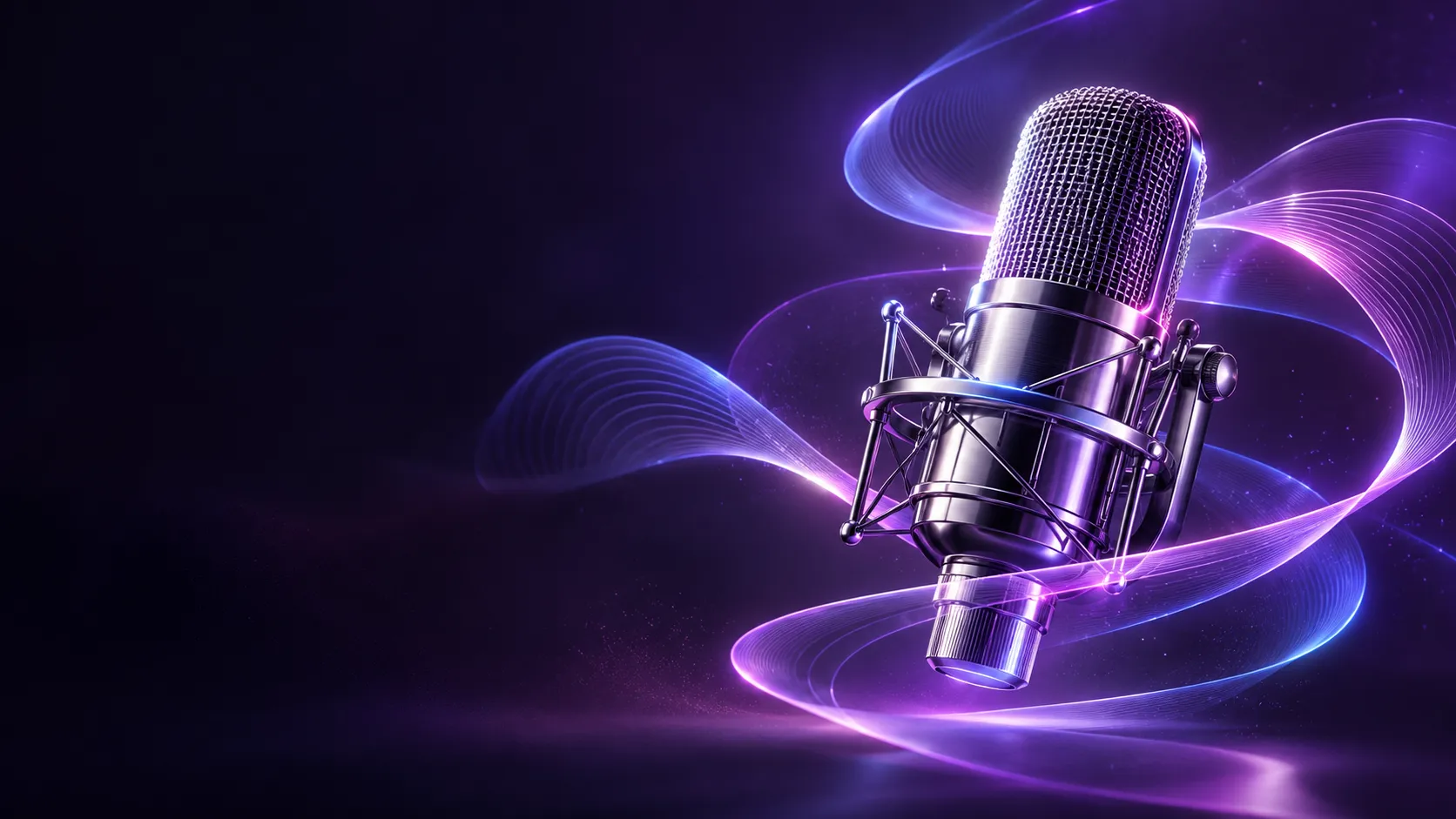 Chrome microphone wrapped in violet sound waves