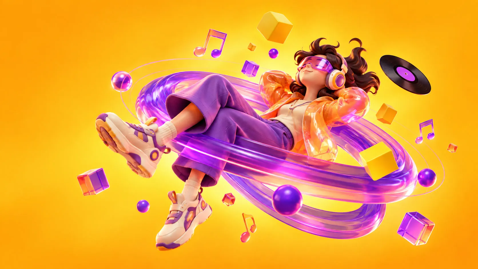 Lyra artwork showing a microphone and a music library card in violet light